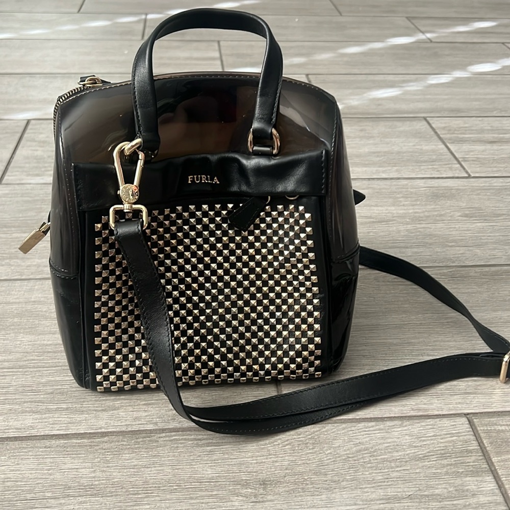 Furla Black PVC and Leather Studded Candy Satchel
